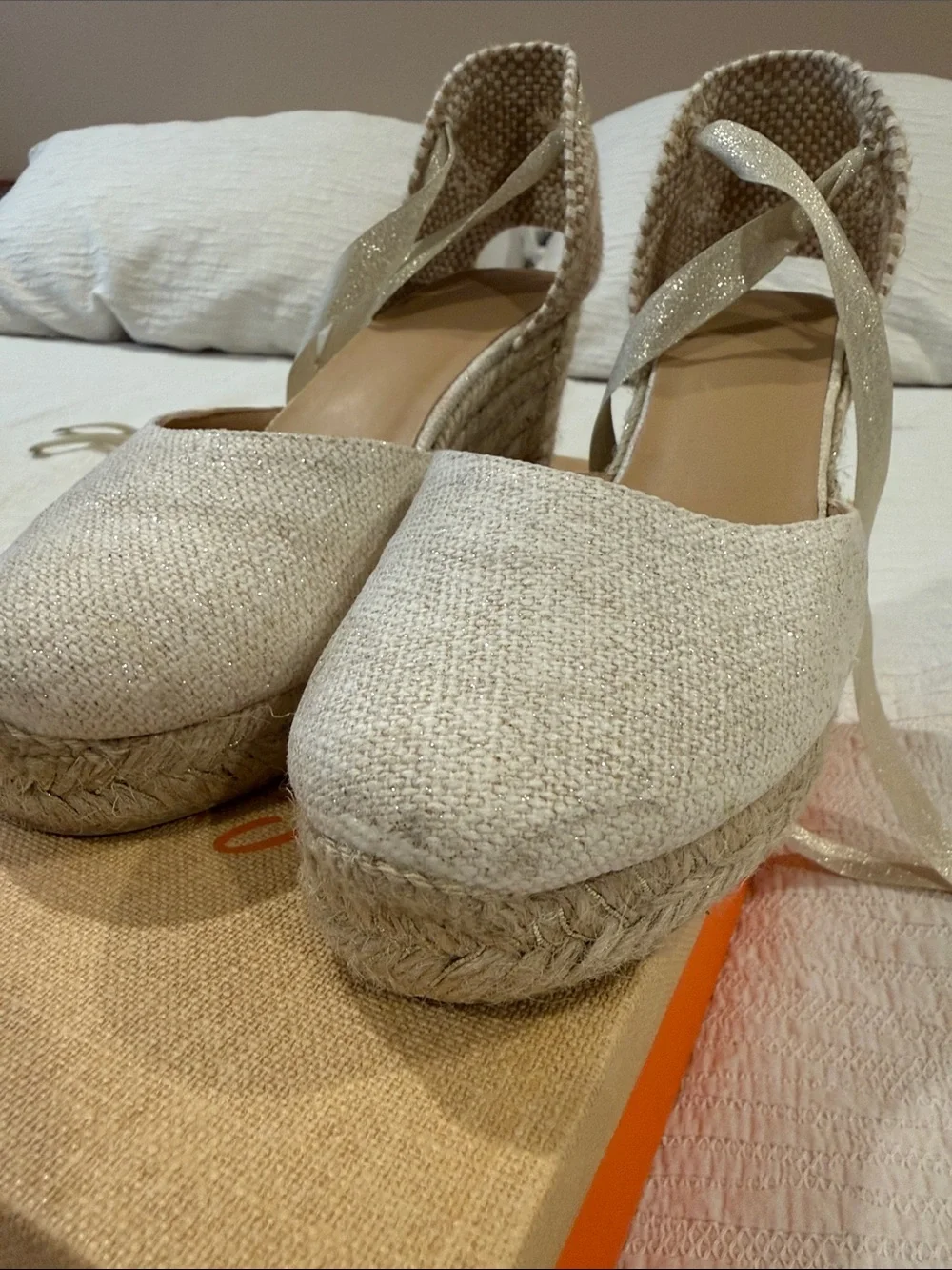Castaner Carina Sandal-Neutral Linen Espadrille Wedge with Ankle Tie